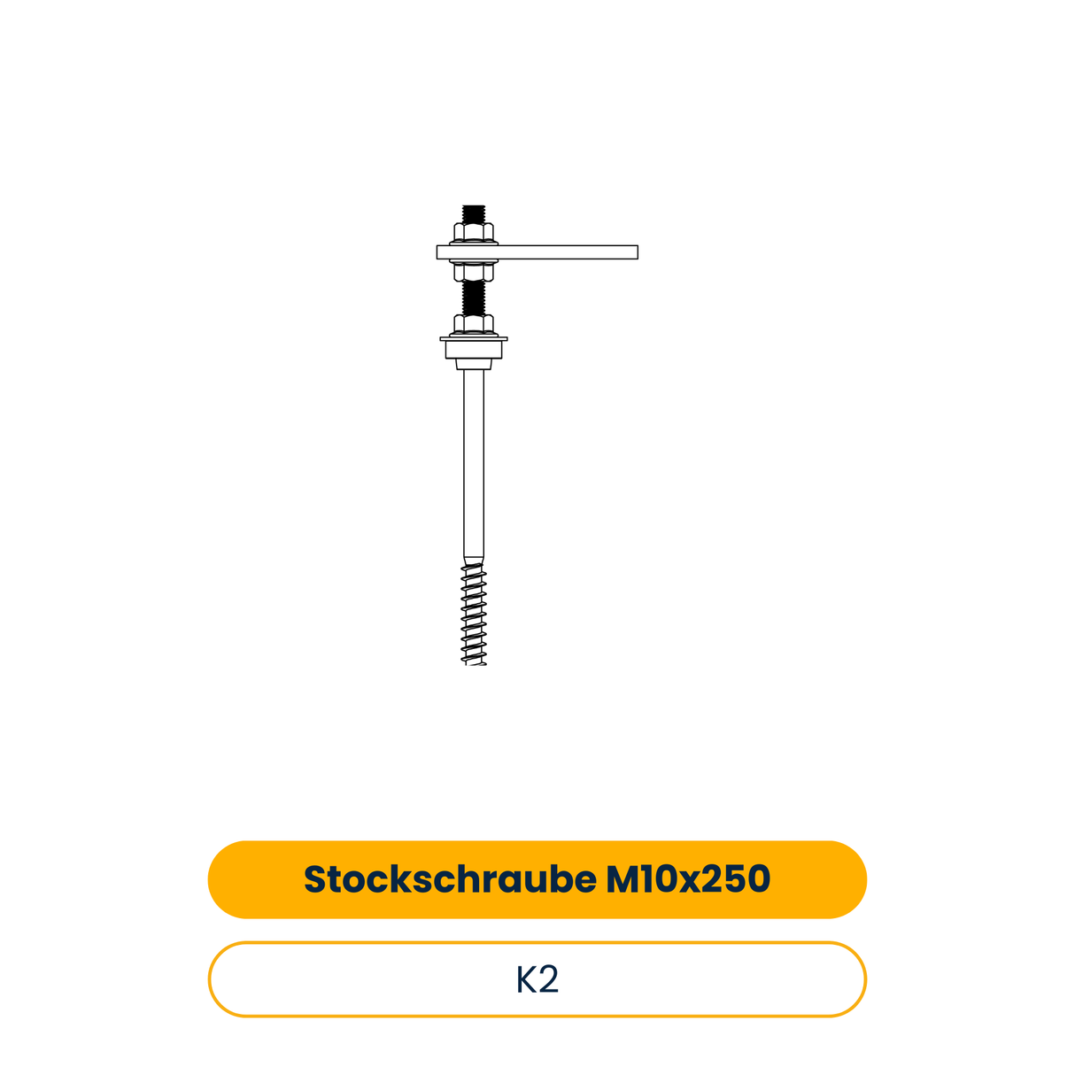 K2 Stockschraube M10x250, vormontiert mit Adapterblech und Faserzementdichtung, für Holz Unterkonstruktion (Art.-Nr. 2000122)
