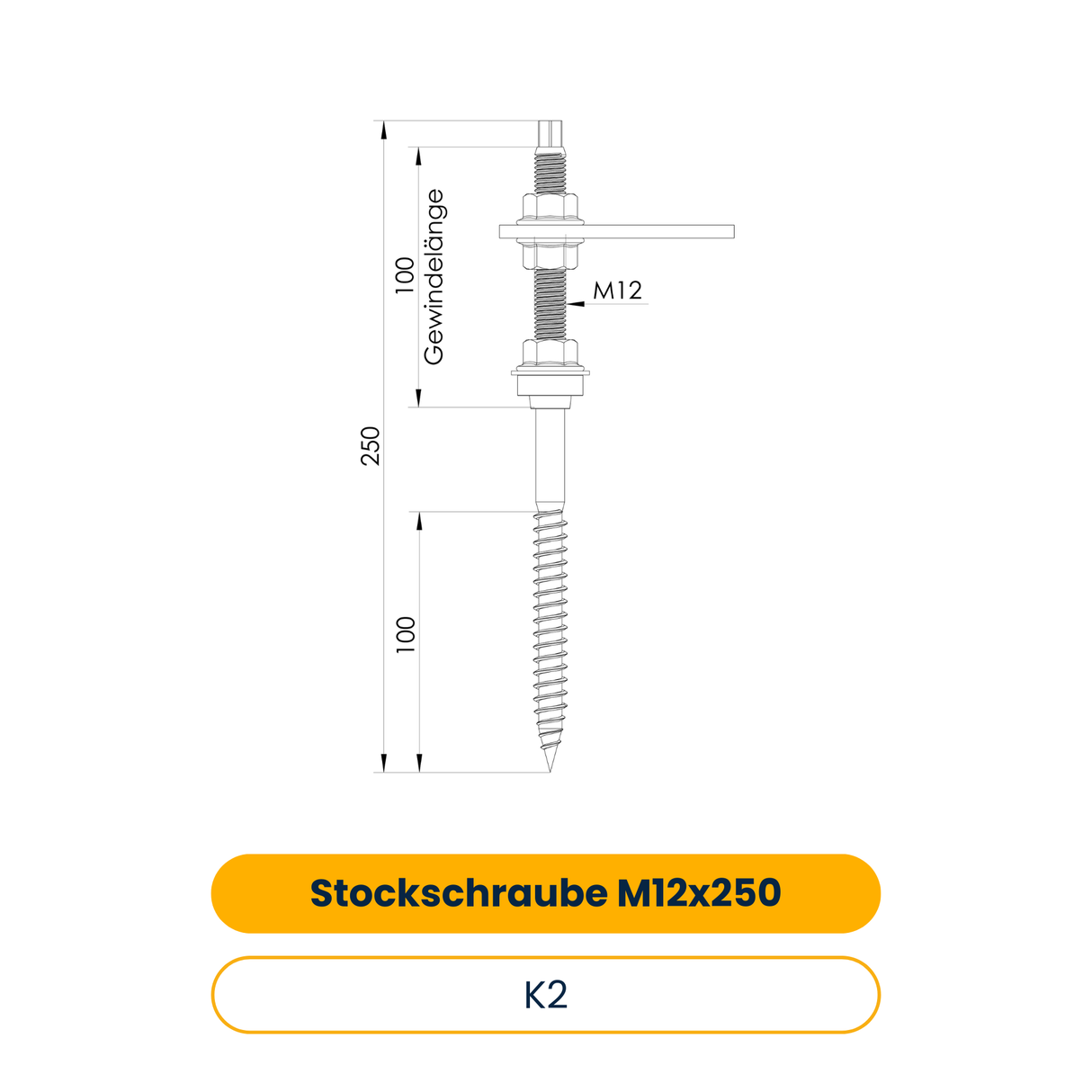 K2 Stockschraube M12x250, vormontiert mit Adapterblech und Faserzementdichtung, für Holz Unterkonstruktion (Art.-Nr. 2000124)
