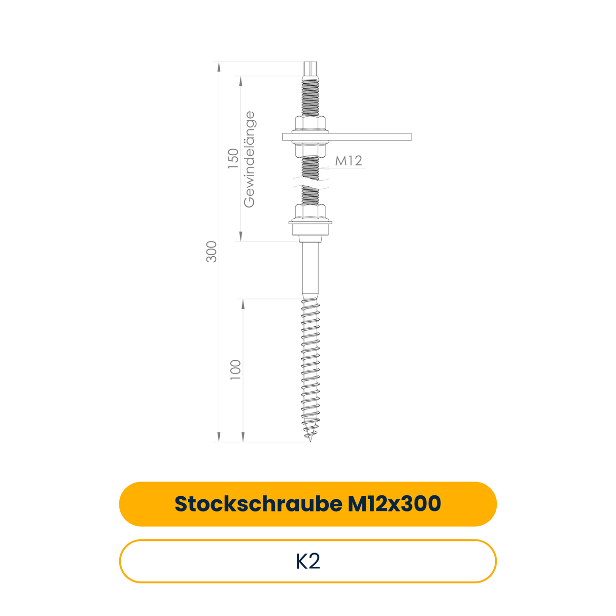 K2 Stockschraube M12x300, vormontiert mit Adapterblech und Faserzementdichtung, für Holz Unterkonstruktion (Art.-Nr. 2000125)