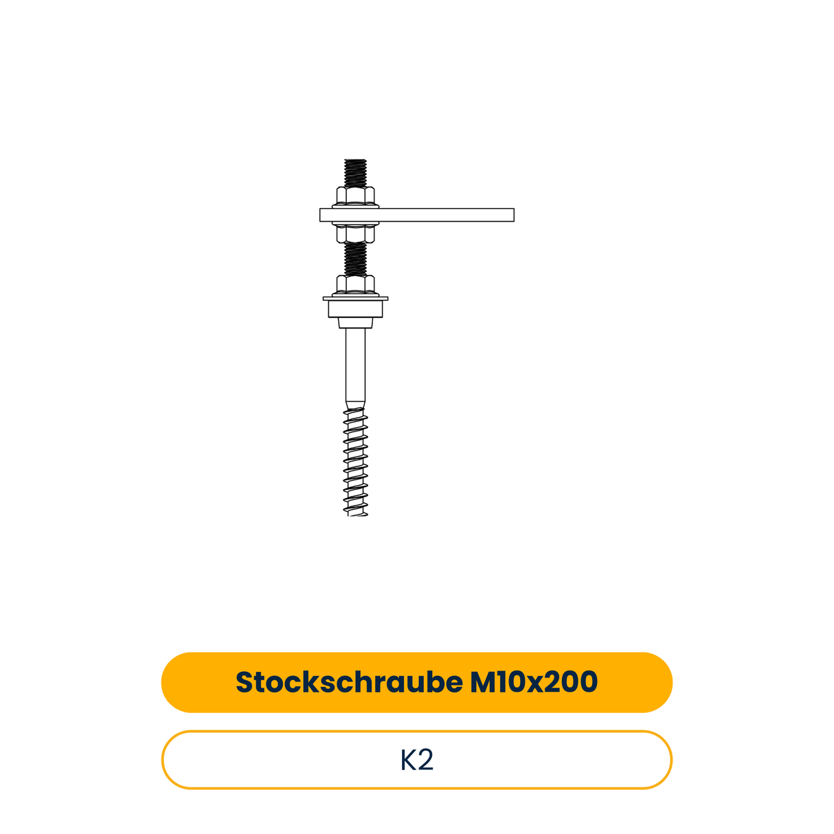 K2 Stockschraube M10x200, vormontiert mit Adapterblech und Faserzementdichtung, für Holz Unterkonstruktion (Art.-Nr. 2000121)