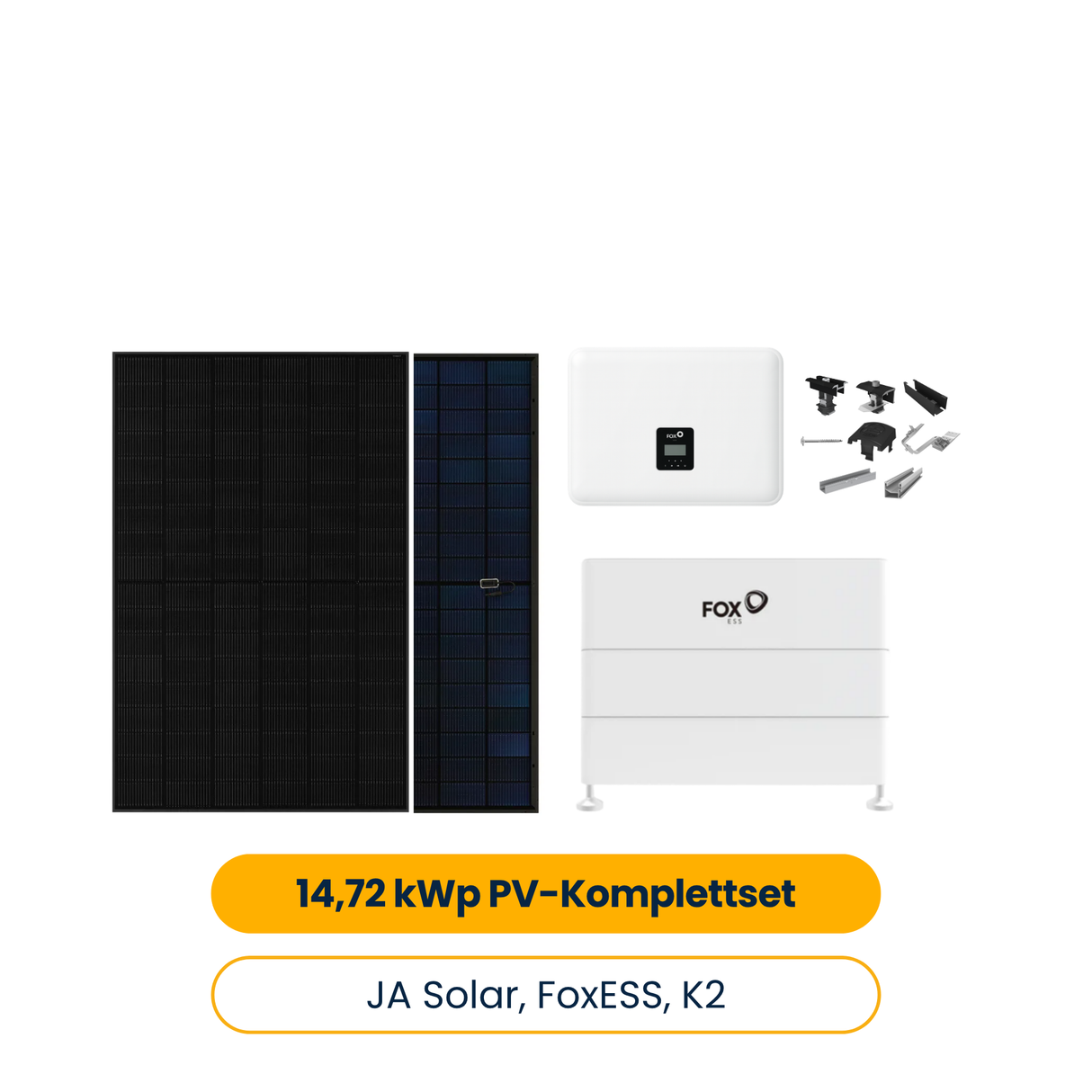 14,72 kWp PV-Komplettset – 32× JA Solar 460 W, FoxESS H3 Smart 15.0 Hybridwechselrichter, EQ5000-L3 14,76 kWh Speicher & K2 Montageset